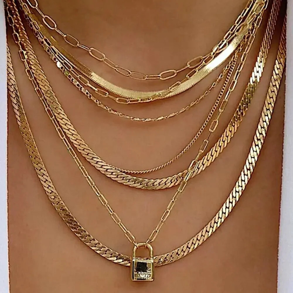 Gold Plated 18K Multilayer Necklace, Chain Link, Paperclip, Cuban, Lock